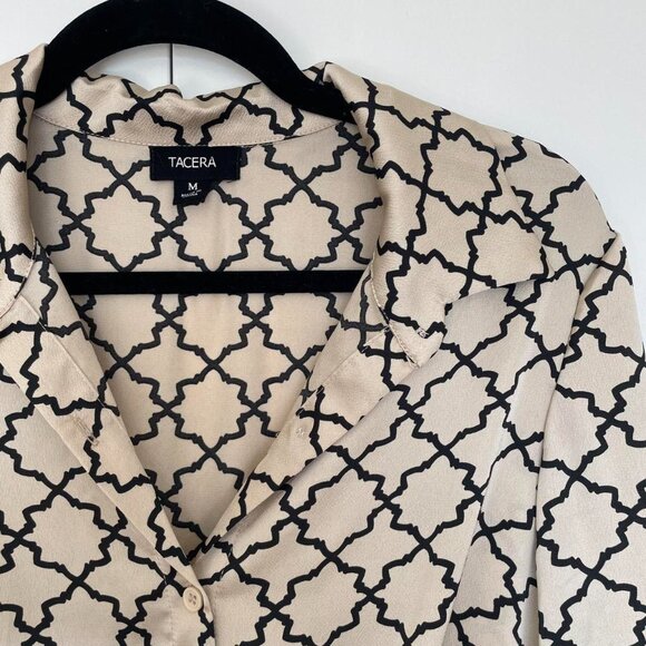 Black & cream silk satin tie geometric pattern button up pencil dress | Size M - Picture 6 of 7